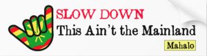 Bumper sticker reading "Slow down! This ain't the mainland."